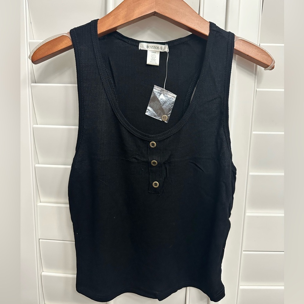 Bozzolo Waffle-Knit Henley Tank in Black – Boutique Quality, NWOT, Medium